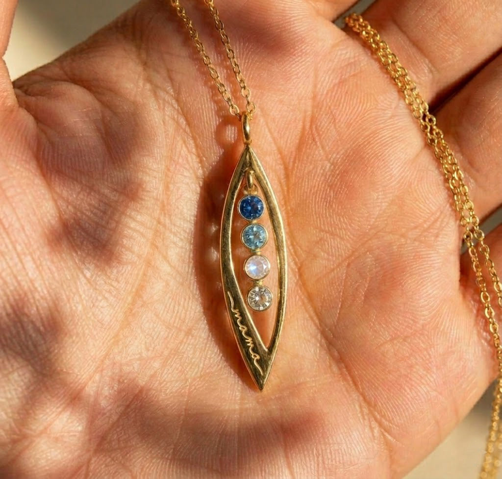 Engraved Open Marquis Family Birthstone Necklace, Mother's Pendant Necklace with Kids Birthstones, Gold, Silver, Rose Gold, Personalized Gift for Mom