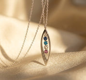 Engraved Open Marquis Family Birthstone Necklace, Mother's Pendant Necklace with Kids Birthstones, Gold, Silver, Rose Gold, Personalized Gift for Mom