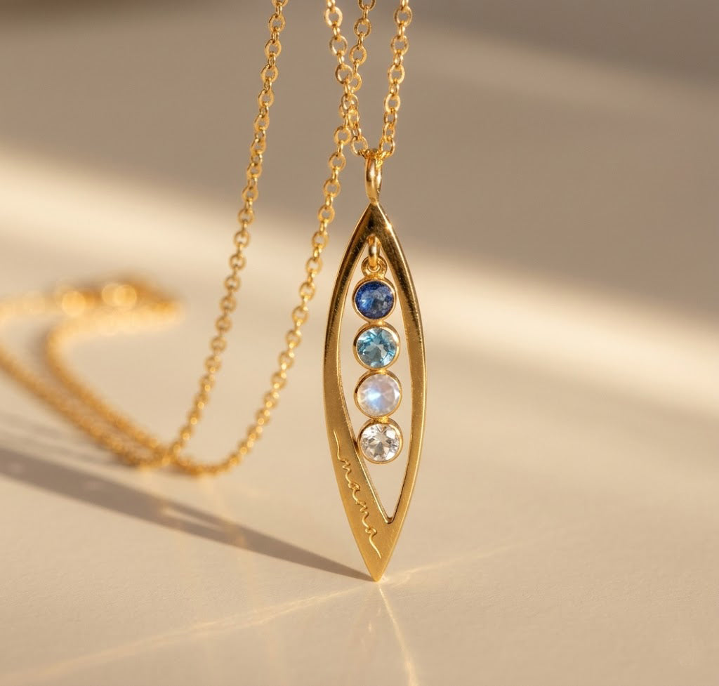 Custom marquise birthstone necklace with up to 5 tiny gemstones in gold, personalized family necklace for mom or loved one