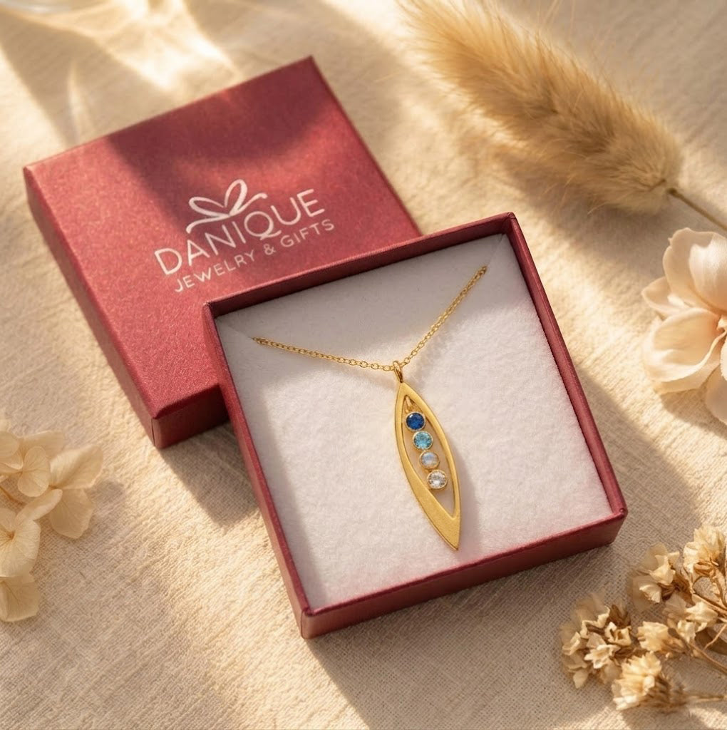 Engraved Open Marquis Family Birthstone Necklace, Mother's Pendant Necklace with Kids Birthstones, Gold, Silver, Rose Gold, Personalized Gift for Mom