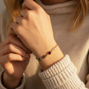 Woman wearing personalized birthstone bracelet with engraved name tags, dainty custom bracelet for mom, bridesmaid, or everyday jewelry