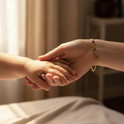 Handshake close-up showing personalized birthstone bracelet with engraved name tags, dainty friendship bracelet or bridesmaid bracelet gift