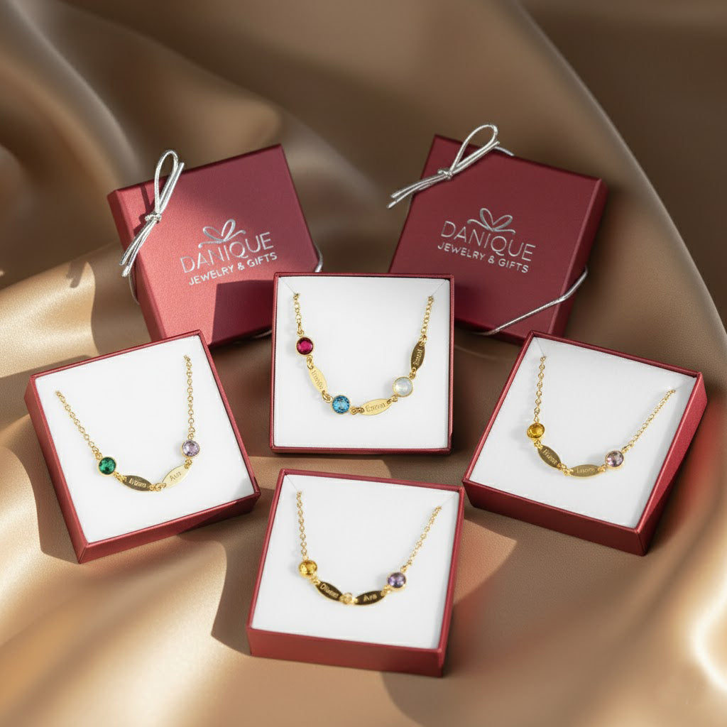 Danique Jewelry gift boxes with custom birthstone name bracelets, ready-to-gift personalized bracelets for mom, bridesmaids, or family