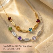 Custom mother’s necklace with engraved name charms and birthstones, available in sterling silver or 14K gold filled.