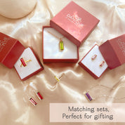 Matching custom baguette birthstone bracelet and jewelry sets in gift boxes, ready for Mother’s Day, birthday, or bridesmaid gifting.