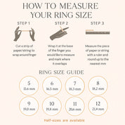 How to measure your ring size guide on a soft beige background with elegant icons and Hatton-style font. Step 1 shows hands cutting a paper or string strip; Step 2 wraps it around the finger and marks the overlap; Step 3 measures the strip against a ruler and rounds to the nearest millimeter. Below, a ring size chart lists sizes 5–12 with inner diameters: 15.6, 16.5, 18.3, 18.2, 19.0, 19.8, 20.6, 21.4 mm, plus note that half-sizes are available. Ideal for jewelry shoppers.