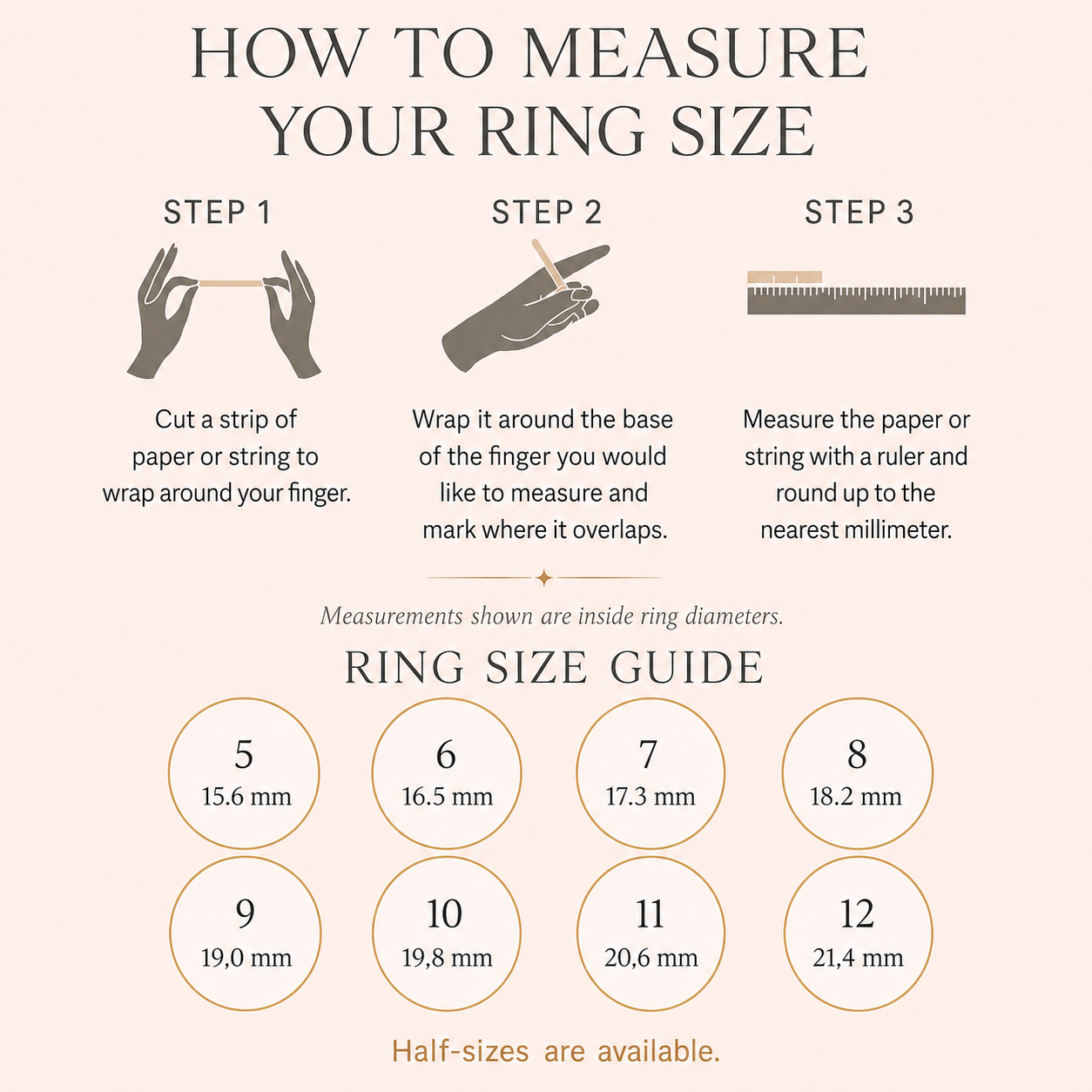 Ring size guide showing how to measure for personalized birthstone rings
