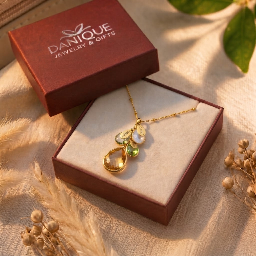 Personalized birthstone necklace presented in Danique Jewelry gift box
