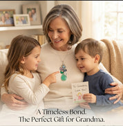 Grandma with grandchildren wearing personalized family birthstone necklace
