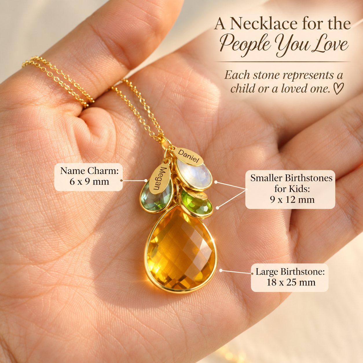 Personalized family necklace size guide showing 18x25mm mother stone, 9x12mm kids stones and name charms