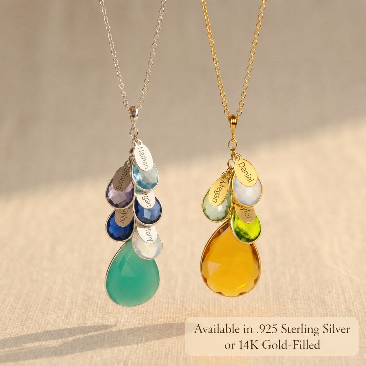 Personalized family birthstone necklace shown in sterling silver and yellow gold