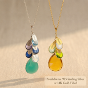 Personalized family birthstone necklace shown in sterling silver and yellow gold