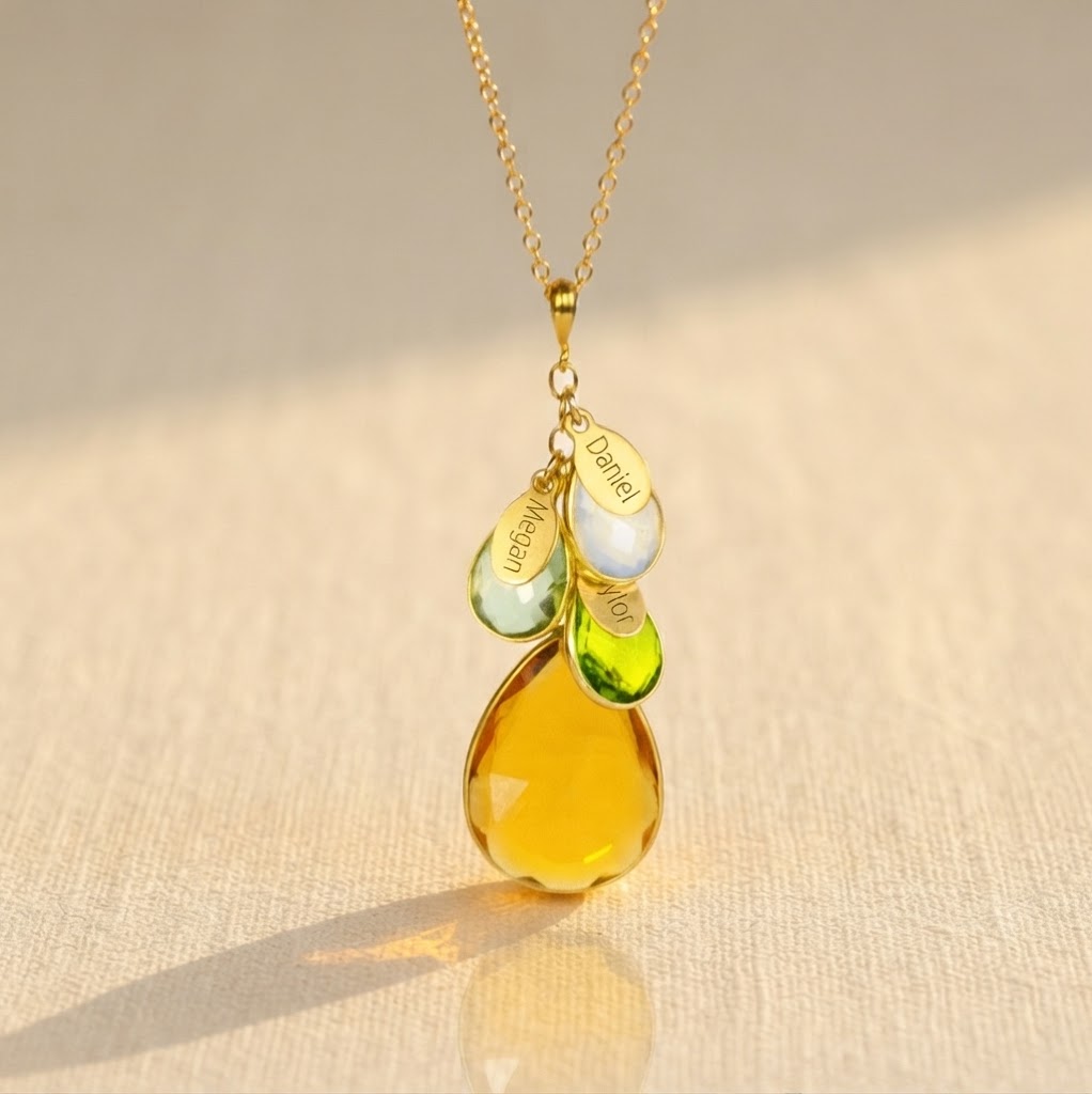 Gold family birthstone necklace with large mother stone and smaller children's teardrop birthstones