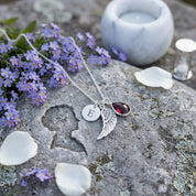 Sterling silver angel wing memorial necklace with initial and birthstone