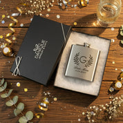 personalized engraved stainless steel flask, custom men’s gift for birthday, wedding or Father’s Day comes in danique jewelry branded box ready for gift givig.