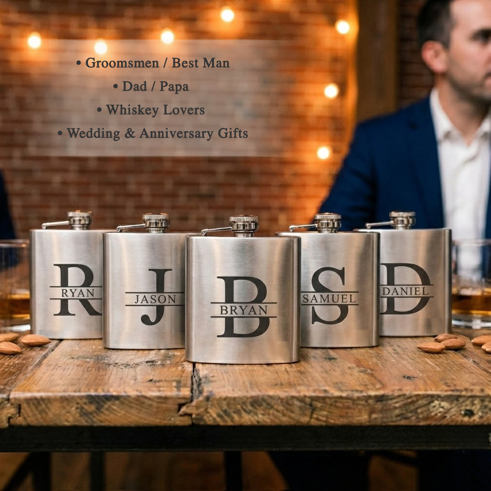 Engraved stainless steel flasks arranged for a wedding celebration, featuring personalized monogram designs and custom name engraving, groomsmen flask gift idea crafted from durable stainless steel, elegant barware accessory for best man and groom gifts, timeless personalized flask suitable for weddings, anniversaries, and milestone events, custom engraved keepsake gift for men
