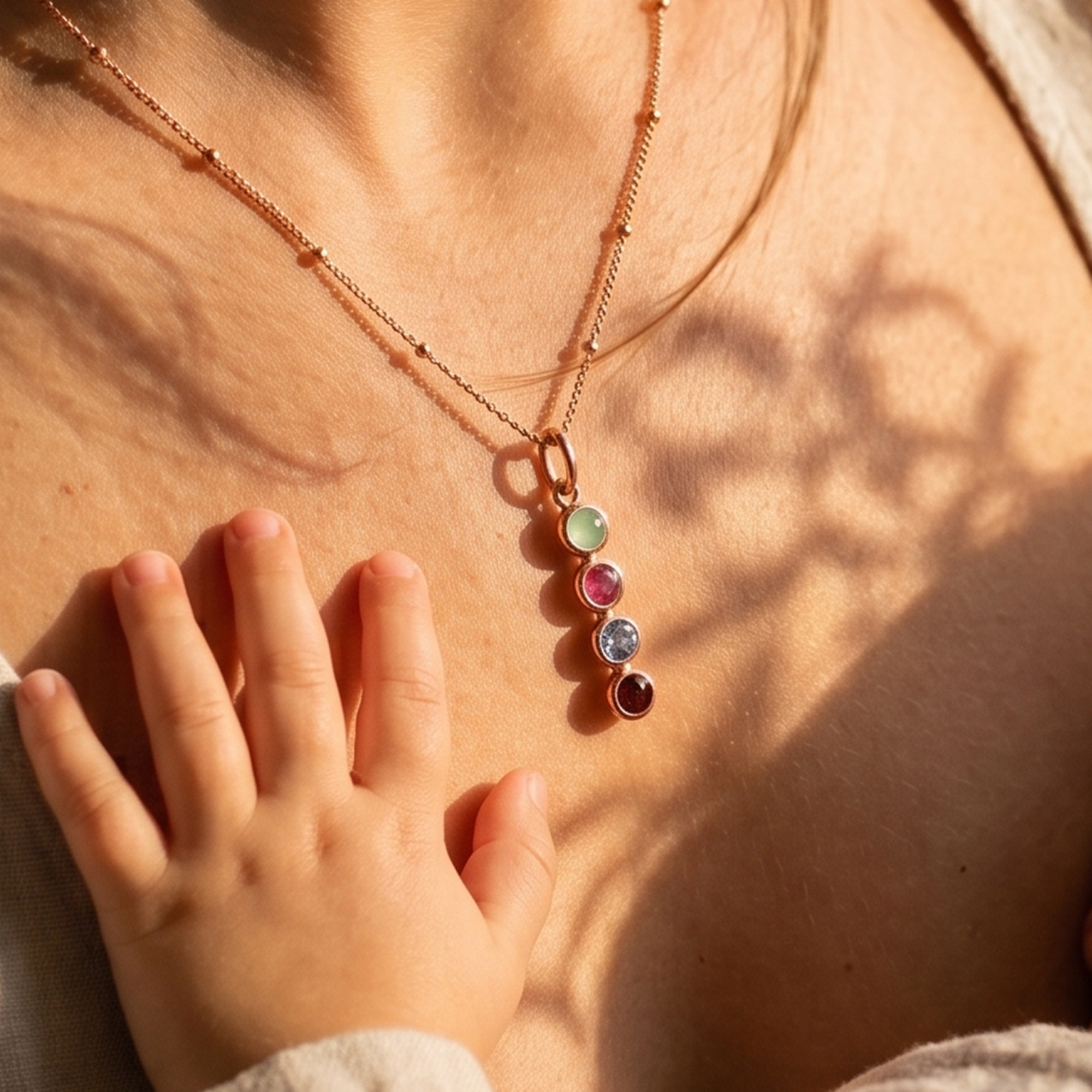Necklace with colorful birthstones to represent family worn by a mother, with a child's hand touching it.