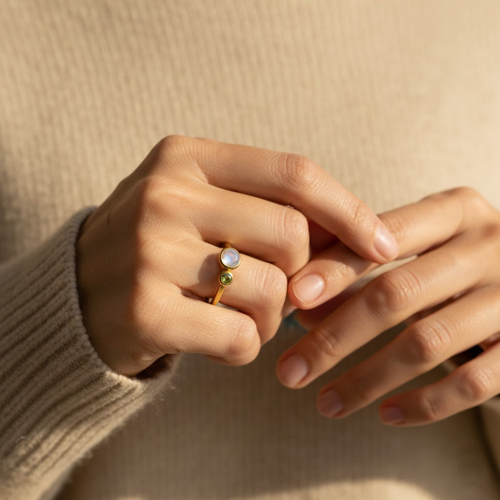 minimalist mother child birthstone ring worn on hand personalized gemstone ring for mom delicate stacking birthstone jewelry