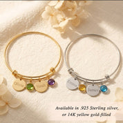 custom birthstone bangle bracelet with names, personalized jewelry for couples or bridesmaids, gold filled or sterling silver bracelet
