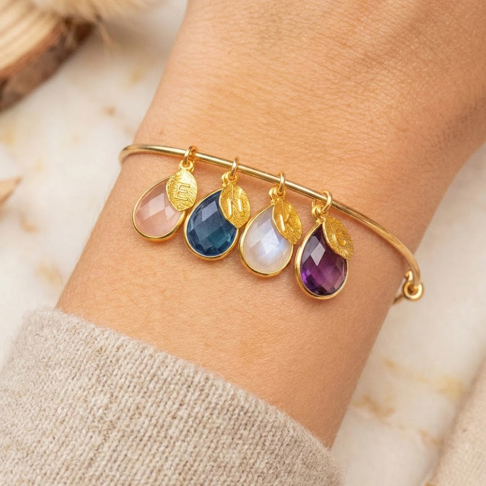 Personalized mom bangle bracelet with birthstone charms and engraved initial discs gold family jewelry gift