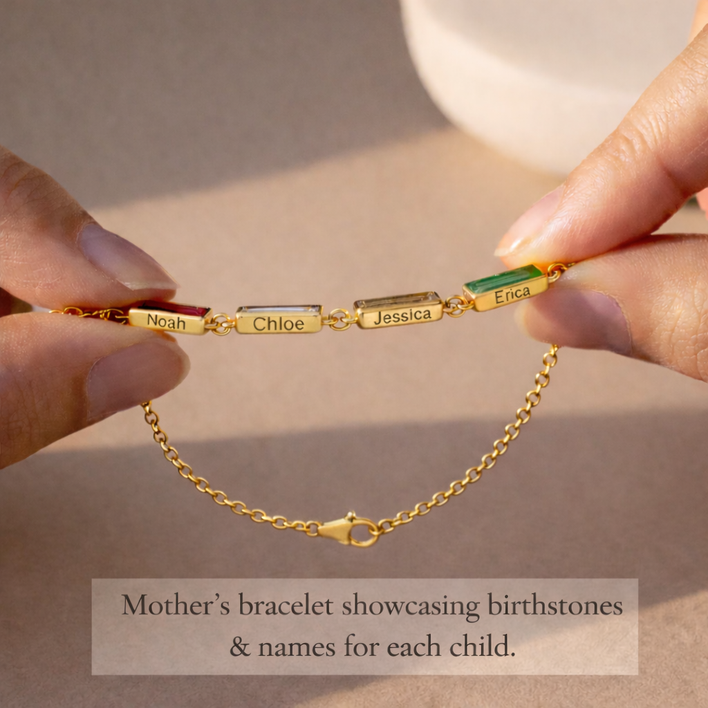 Personalized birthstone bracelet engraved with children’s names and corresponding gemstones, custom family bracelet for mom or grandma featuring multiple birthstones on gold filled chain, sentimental Mother’s Day gift and keepsake jewelry.