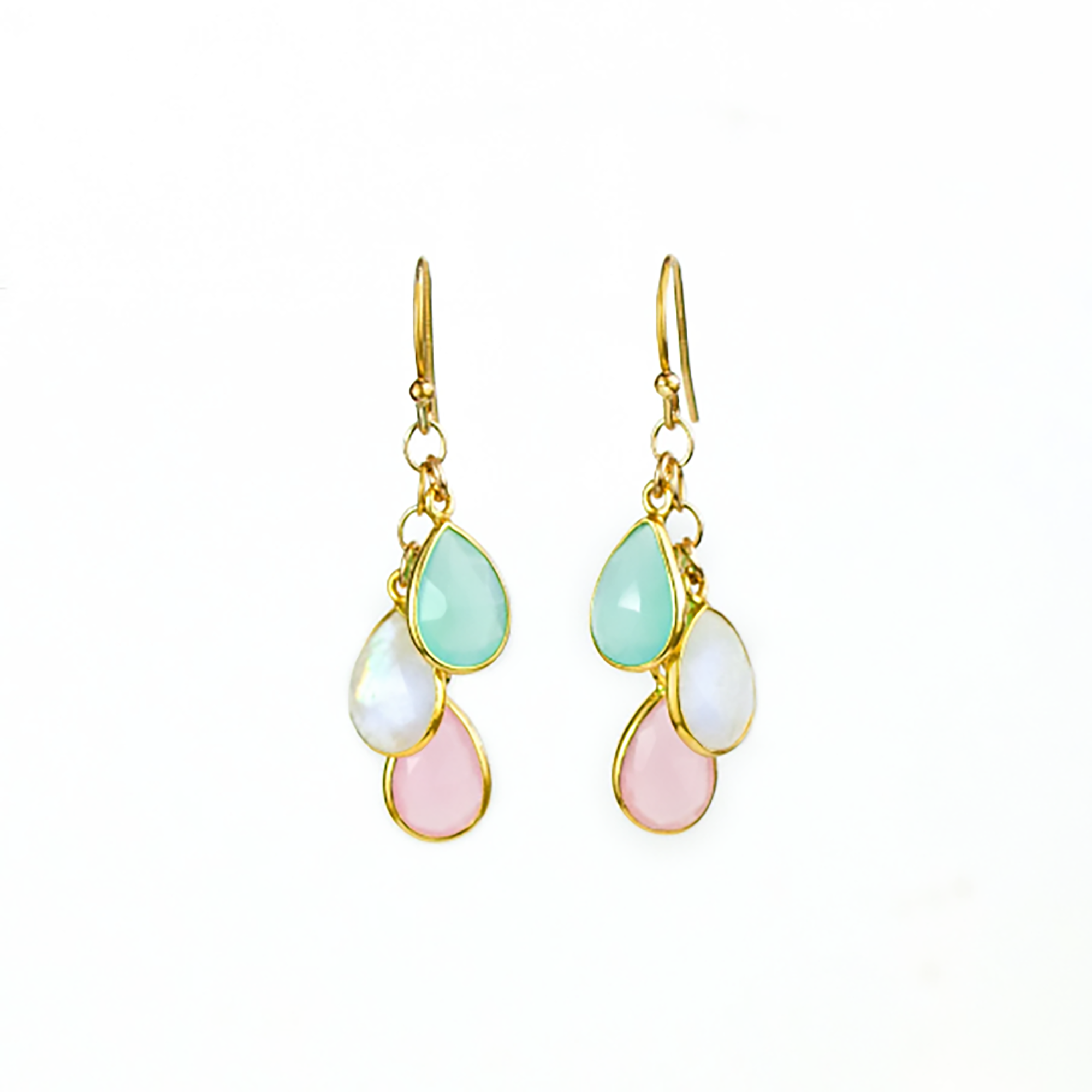This drop earring design features tiny pear-shaped birthstones that cascade down to form a unique family birthstone style earring set. Pair in gold with 3 tiny teardrop stones in aqua chalcedony, moonstone, and pink chalcedony