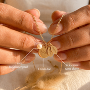 Size guide showing 13 mm disc, 6 x 9 mm oval name tag, and 5 mm pearl