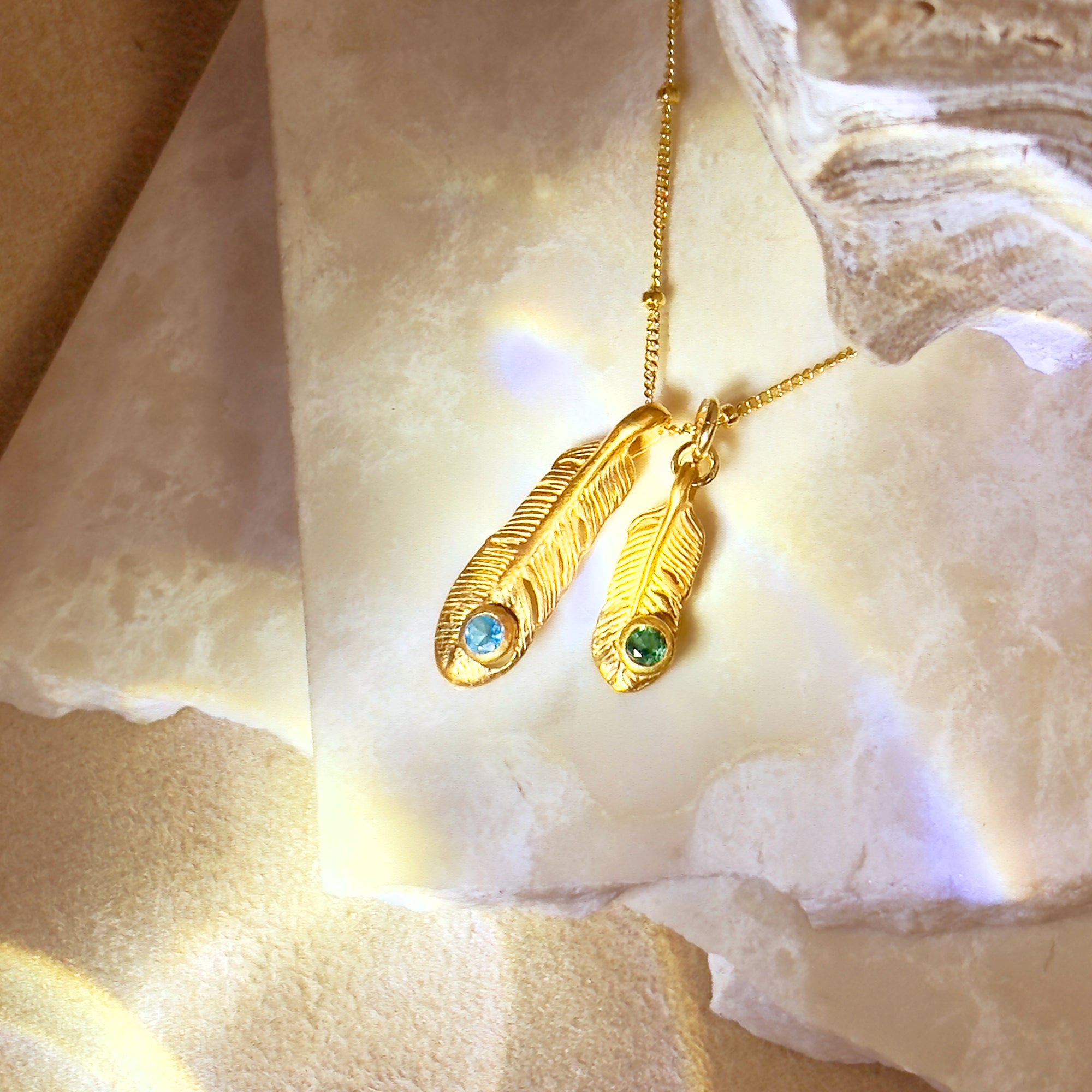 Mother Daughter Feather Birthstone Necklace