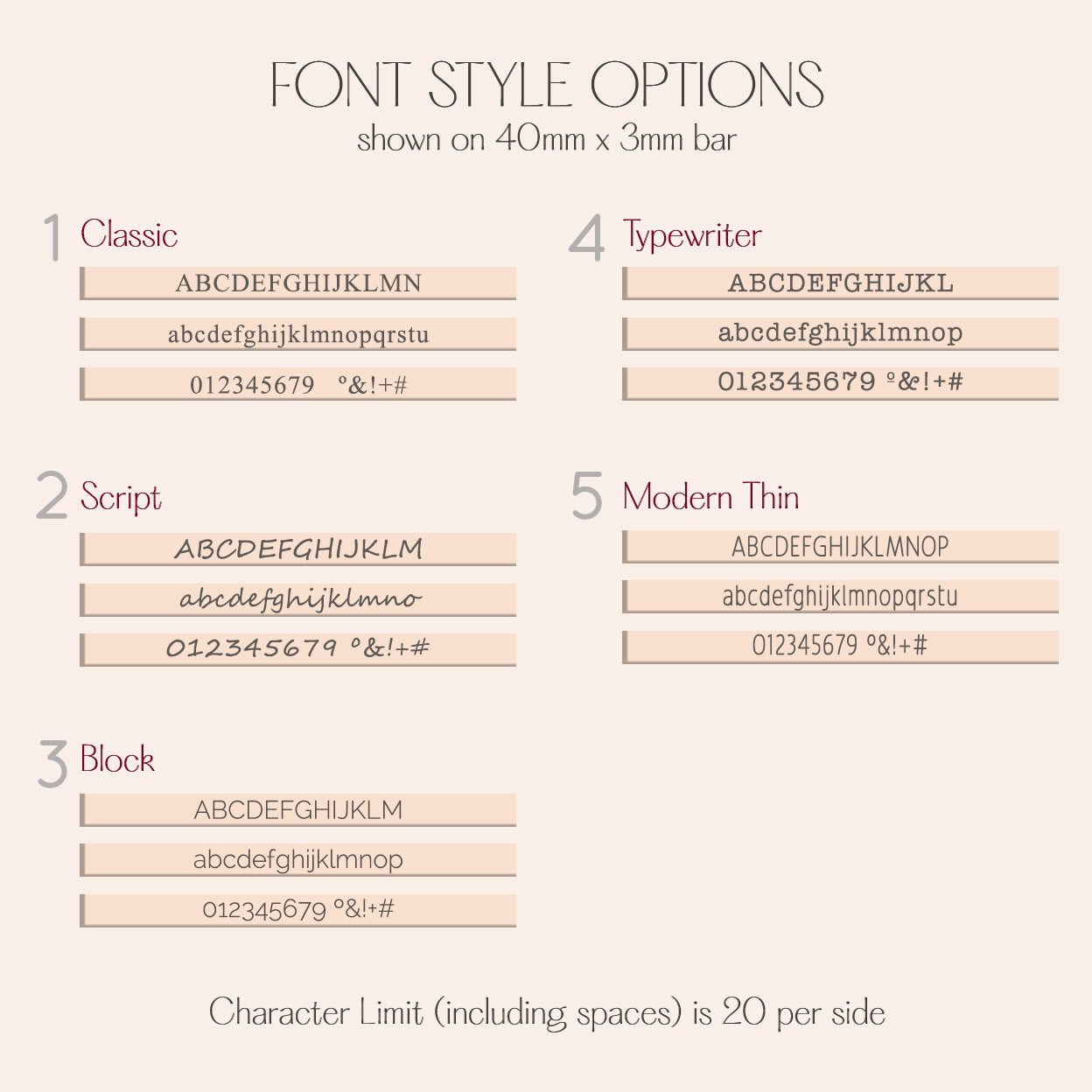 Typography chart displaying the engraving font options for the personalized mom keychain, including classic serif, script, modern thin, and typewriter styles. Customers can preview how names, initials, dates, or roman numerals will appear on the dainty 3D bar, ensuring the perfect look for their custom bar keychain with birthstones before ordering.