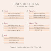 Typography chart displaying the engraving font options for the personalized mom keychain, including classic serif, script, modern thin, and typewriter styles. Customers can preview how names, initials, dates, or roman numerals will appear on the dainty 3D bar, ensuring the perfect look for their custom bar keychain with birthstones before ordering.