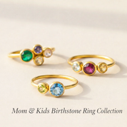 Collection of custom birthstone mom rings styled together, personalized family birthstone ring collection featuring multiple gemstone combinations, handcrafted mother rings with kids’ birthstones, minimalist stacking-inspired designs in gold vermeil and sterling silver, meaningful jewelry gifts for moms and grandmas, symbolic family rings inspired by January through December birthstones