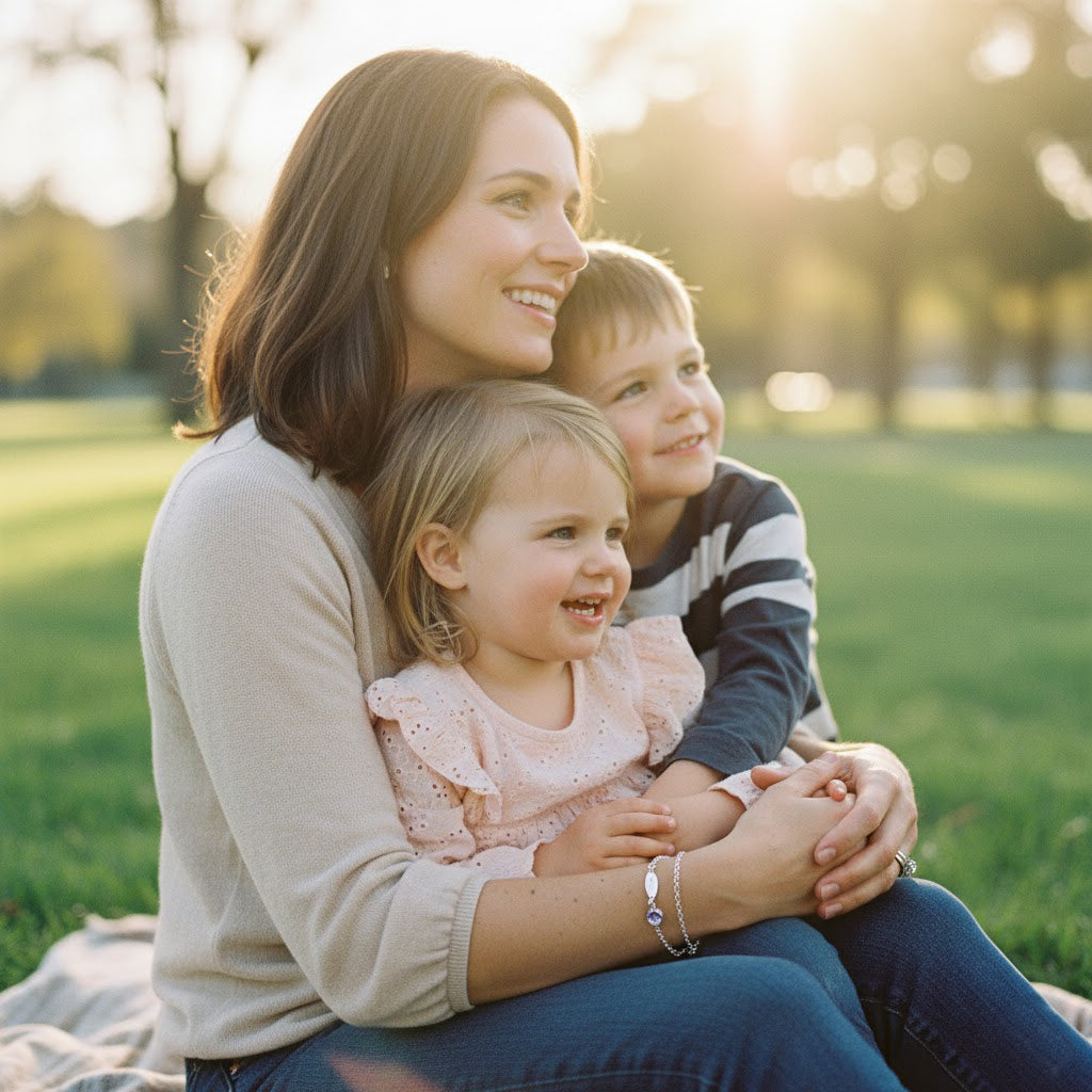Mother with children outdoors wearing custom birthstone bracelet, personalized engraved tag bracelet gift for mom and family keepsake