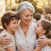Grandmother with grandchildren wearing a personalized birthstone necklace, styled as a grandma or Nana gift.