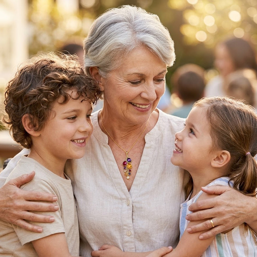 Grandmother with grandchildren wearing a personalized birthstone necklace, styled as a grandma or Nana gift.