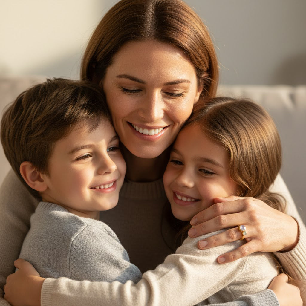 Mother hugging children while wearing adjustable two birthstone ring, meaningful personalized family ring gift for mom or grandma