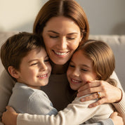 Mother hugging children while wearing adjustable two birthstone ring, meaningful personalized family ring gift for mom or grandma