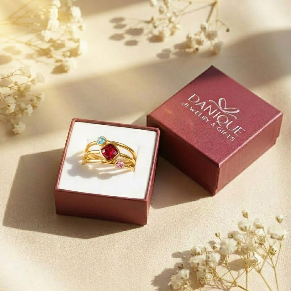 Custom birthstone ring set packaged in a Danique Jewelry gift box, ready for Mother’s Day, birthdays, or new mom gifts.