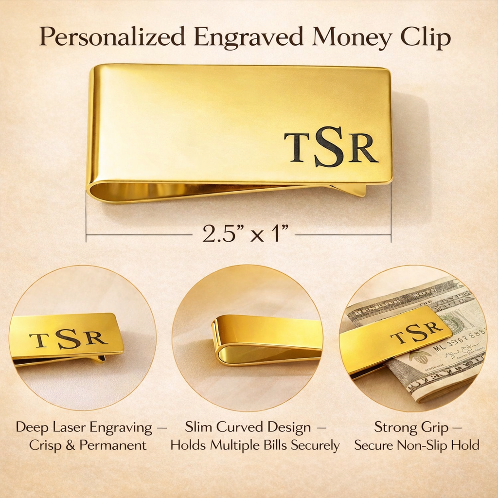 A diagram showing the engraving options for money clips, including placement orientations and monogram styles.