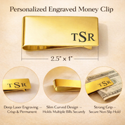 A diagram showing the engraving options for money clips, including placement orientations and monogram styles.