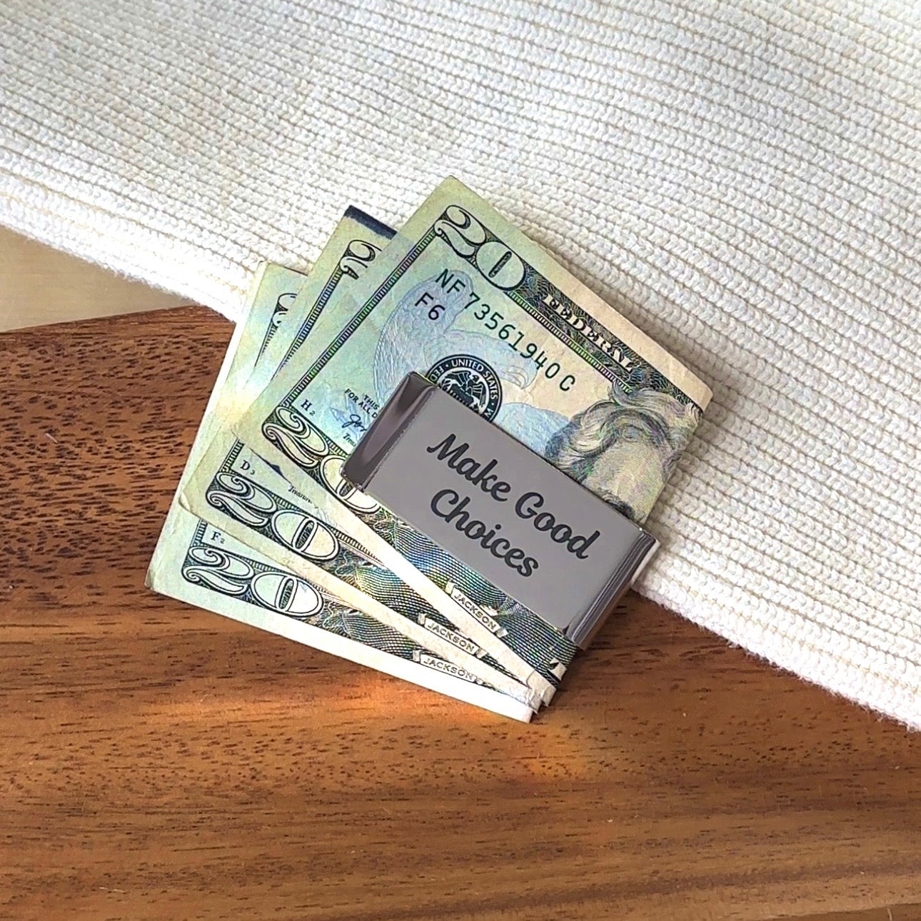 silver tone engraved money clip with phrase make good choices. Great gift for dads, Father's Day, Retirement, new job or promotion or for your wedding party, dad gift, fathers day gift, gift for dad, gift for him, christmas, groomsman gift, promotion gift, grad gift, graduation gift. 