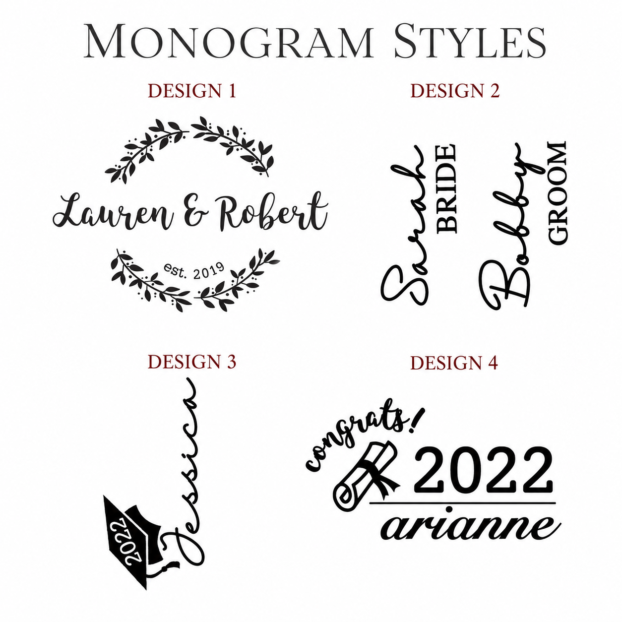 Monogram design options for personalized champagne flutes showing wreath, bride and groom, graduation, and year engraving designs.