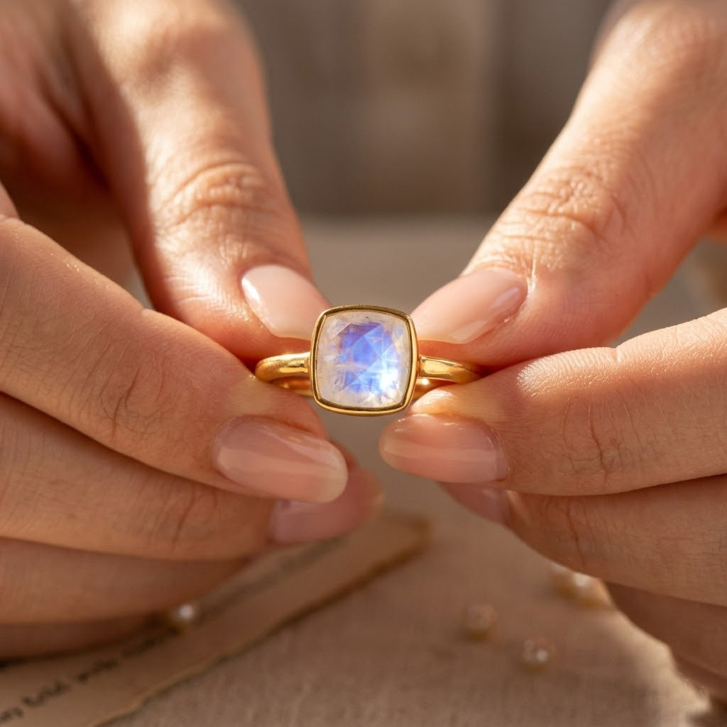 Moonstone ring held in hands showing iridescent glow and faceted detail