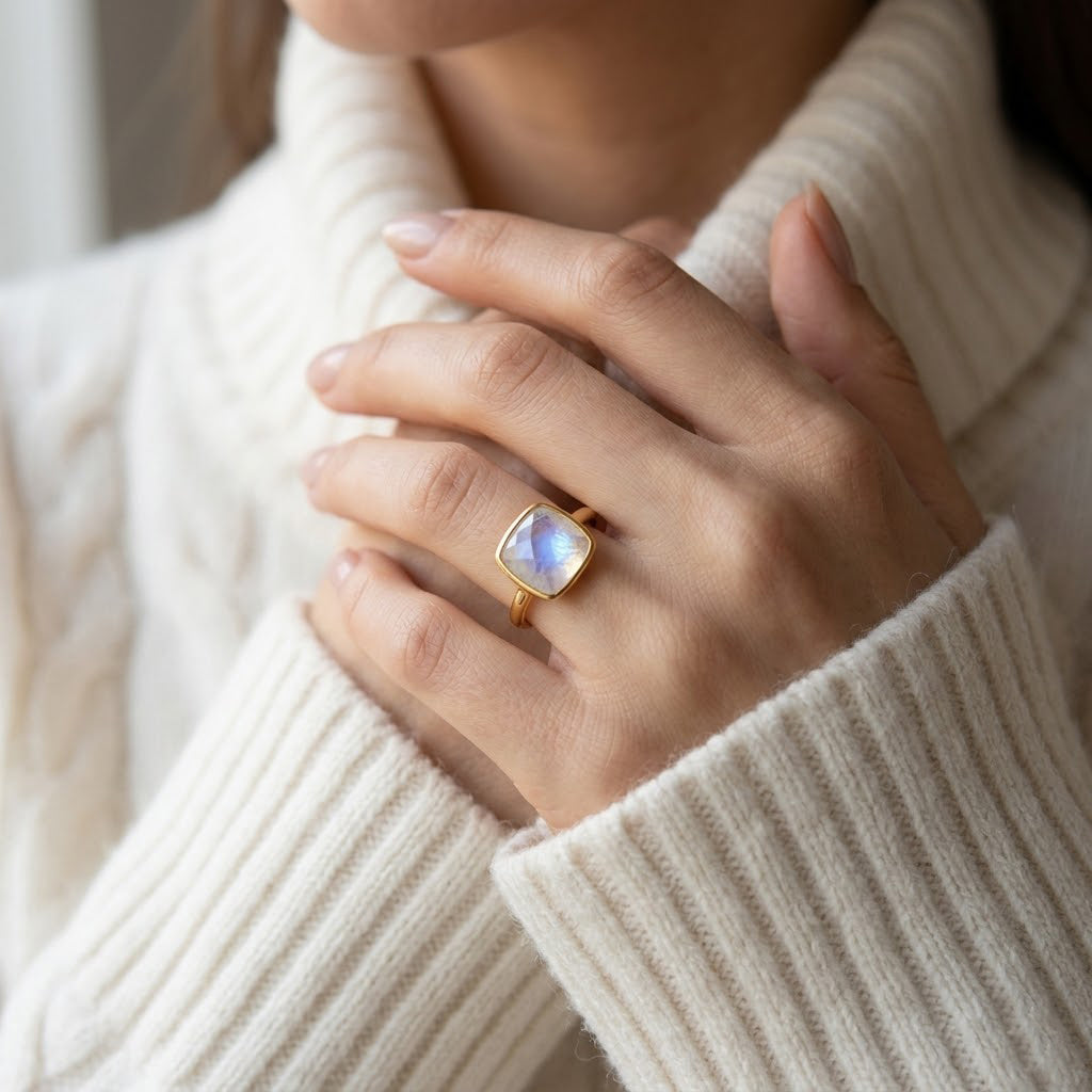 Moonstone ring worn on hand with soft blue flash and gold band