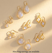 Moonstone necklace and matching earrings in gold, luminous white gemstone jewelry set, elegant June birthstone gift for women