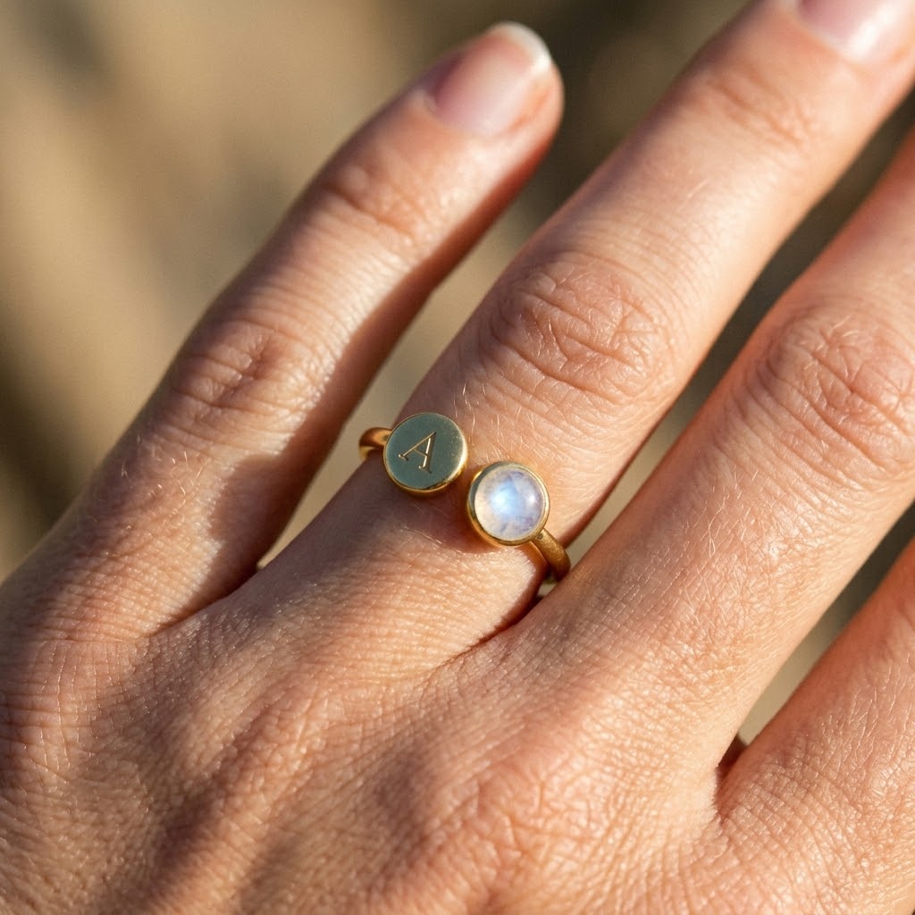 Woman wearing an adjustable moonstone initial ring in yellow gold with luminous round June birthstone.
