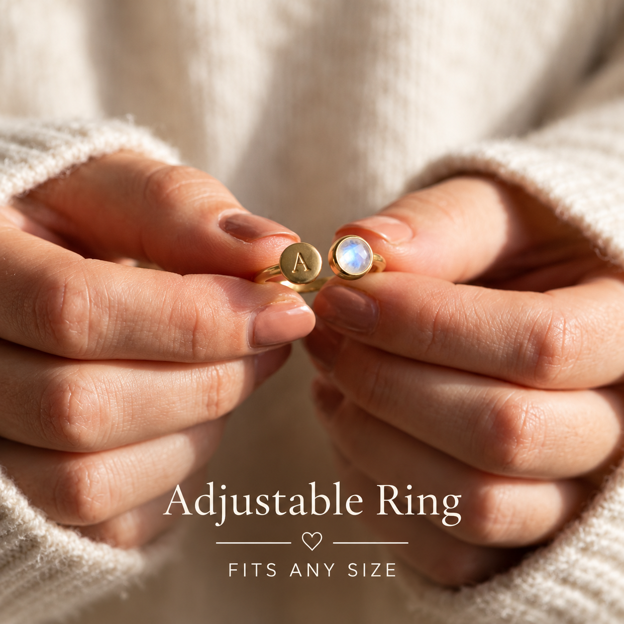 Hands gently adjusting an open moonstone ring showing flexible sizing for a comfortable fit.
