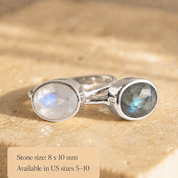 Moonstone and labradorite ring set showing 8 x 10 mm oval stones and US sizes 5–10.