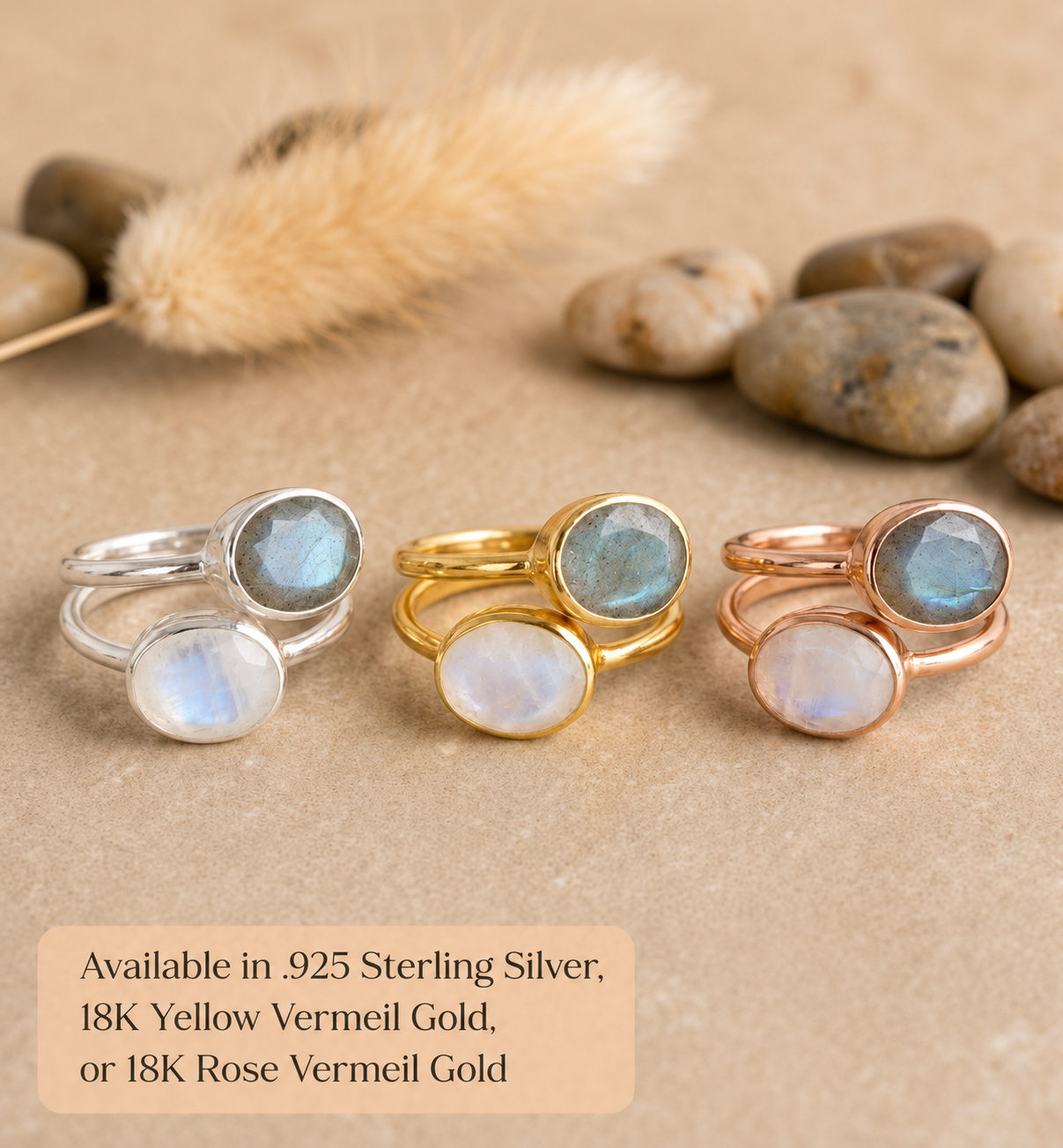 Moonstone and labradorite ring sets in sterling silver, yellow gold vermeil, and rose gold vermeil.