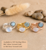 Moonstone and labradorite ring sets in sterling silver, yellow gold vermeil, and rose gold vermeil.