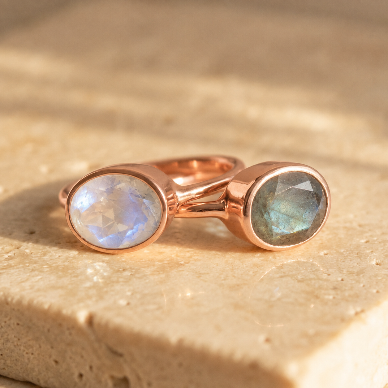 Rose-gold-vermeil moonstone and labradorite oval rings displayed together on a beige stone surface.